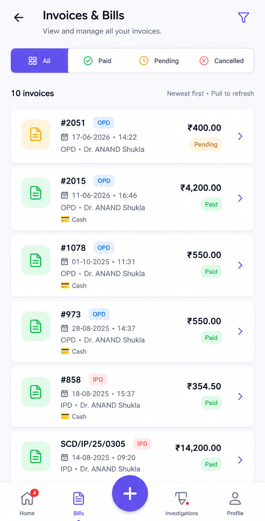 Invoices and Bills Screen